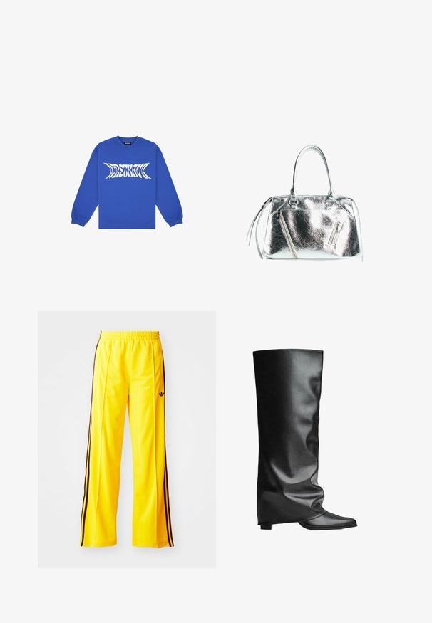 Långärmad blå sweatshirt i bomull med en djärv vit grafisk textdesign över framsidan samt ribbad halsringning och ärmslut.; Gula sportbyxor med svarta sidostrecker och resårmidja. Tillverkade av ett slätt och lätt material. Har en logotyp på låret.; Svarta läderstövlar som når knäna med en slät yta, en avslappnad design, spetsig tå och en låg kvadratisk klack. Minimalistisk stil utan synlig hårdvara.; Metallisk silverfärgad handväska med en strukturerad form, två handtag upptill och blixtlåsfickor fram. Slät, glänsande yta.
