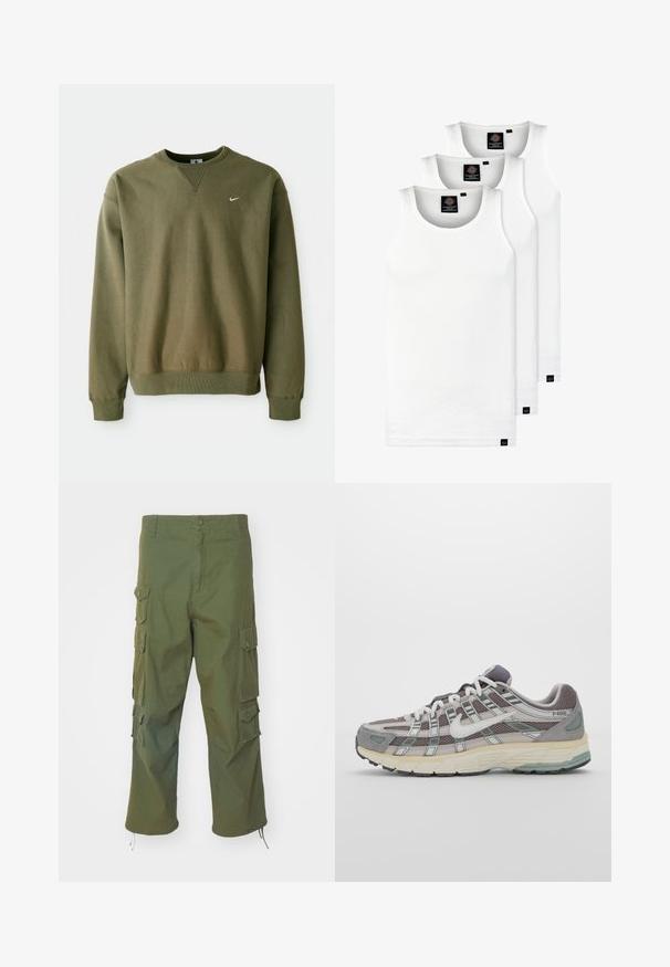 Sweatshirt Nike de culoare verde măslinie, cu guler rotund și manșoane cu nervuri, afișat pe un fundal alb simplu.; Trei maieuri albe ribbate din bumbac. Au un guler rotund și etichete negre mici lângă tiv. Disponibile în mai multe mărimi.; Pantaloni cargo verzi măslinii din bumbac, cu buzunare laterale, închidere cu nasture, croială dreaptă și tivuri ajustabile pentru o lungime personalizabilă.; Pantofii sport gri sunt realizați dintr-un amestec de plasă și piele întoarsă, cu accente albe, o talpă bine îmbrăcată și un design distinctiv cu elemente reflectorizante.