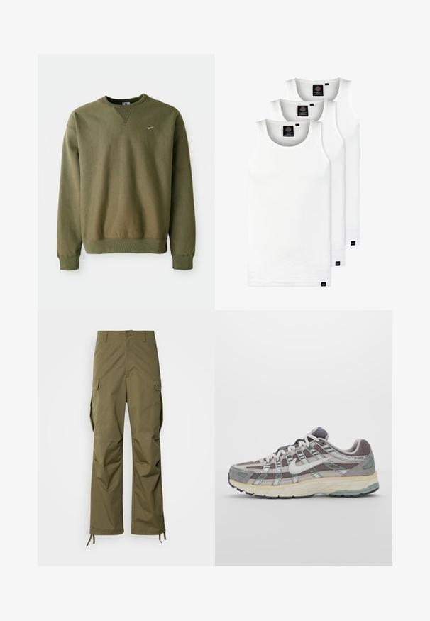 Alyvuogių žalios spalvos Nike džemperis su apvalia iškirpte ir raukšlėtomis rankovėmis, demonstruojamas prieš paprastą baltą foną.; Trys balti, dryžuoti marškiniai be rankovių, pagaminti iš medvilnės. Yra apvalus kaklas ir maži juodi etiketės netoli siūlės. Siūlomi įvairių dydžių.; Alyvuogių spalvos cargo kelnės, pagamintos iš tvirto audinio, su tiesios kojos dizainu, šoninėmis kišenėmis ir reguliuojamais kulkšnies raiščiais.; Pilkas sportinis batas su tinklu ir zomšos viršutine dalimi, baltomis detalėmis, paminkštintu padu ir išskirtiniu dizainu su atspindinčiais elementais.