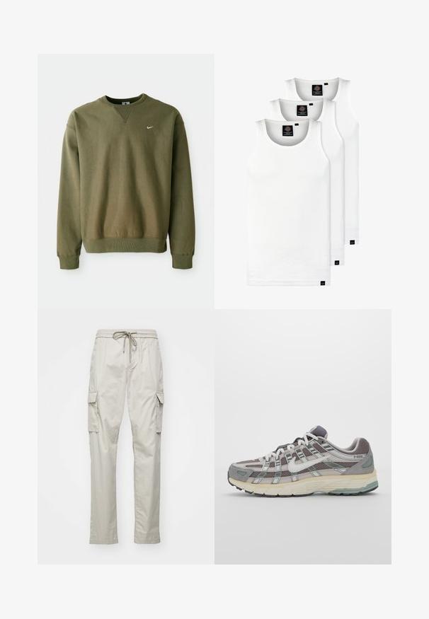 Olivovo zelená mikina Nike s okrúhlym výstrihom a rebrovanými manžetami, vystavená na jednoduchom bielom pozadí.; Tri biele rebrované tielka vyrobené z bavlny. Majú okrúhly výstrih a malé čierne štítky pri leme. Dostupné v rôznych veľkostiach.; Svetlo béžové cargo nohavice s elastickým pásom, šnúrkami a dvoma bočnými cargo vreckami. Vyrobené z ľahkej, hladkej tkaniny.; Šedá športová obuv so zvrškom z nylonu a semišu, bielymi akcentmi, polstrovanou podrážkou a jedinečným dizajnom s reflexnými prvkami.