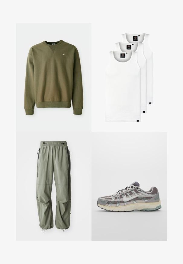 Sweatshirt Nike verde-oliva com decote arredondado e punhos canelados, exibido contra um fundo branco liso.; Três tops em algodão de alças brancas com nervuras. Apresentam um decote redondo e pequenas etiquetas pretas perto da bainha. Disponíveis em vários tamanhos.; Calças de carga verde oliva claro com um cós elástico, punhos ajustáveis e bolsos laterais pretos, apresentadas contra um fundo branco.; Sapatilha atlética cinza com parte superior em malha e camurça, detalhes brancos, sola acolchoada e um design distinto com elementos refletivos.