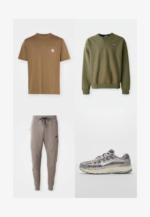 Olívazöld Nike pulóver, kerek nyakkivágással és bordázott mandzsettákkal, egyszerű fehér háttér előtt bemutatva.; Barna pamut póló kerek nyakkal és rövid ujjakkal. Bal oldalon zseb található, rajta egy fehér logó címkével. Simább textúra.; Szürke Nike melegítőnadrág húzózsinórral a deréknál, keskeny lábakkal, oldalsó zsebekkel és jellegzetes varrás részletekkel. Puha, texturált anyag.; Szürke sportcipő, hálós és velúr felsőrésszel, fehér részletekkel, párnázott talppal és jellegzetes dizájnnal, amely visszaverő elemeket tartalmaz.
