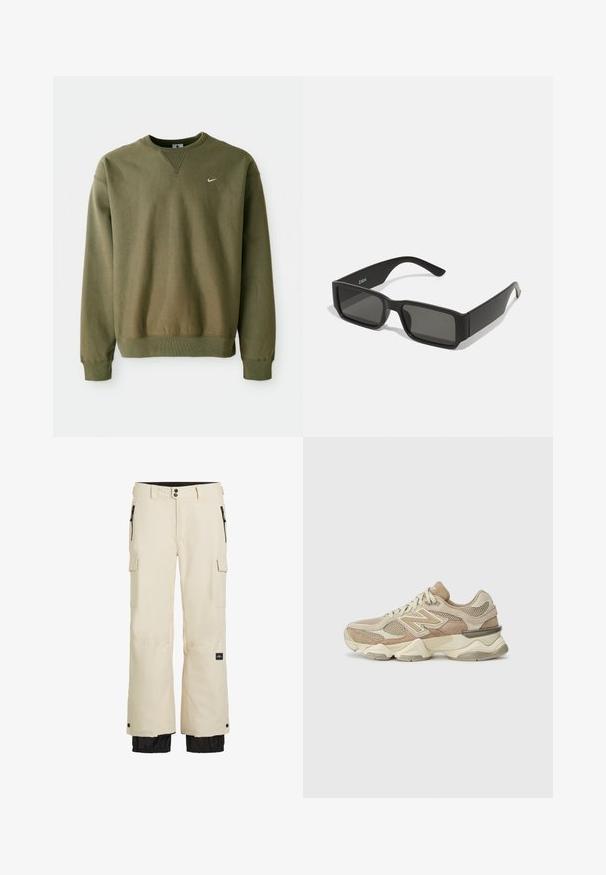 Felpa Nike verde oliva con scollo a giro e polsini a costine, esposta su uno sfondo bianco uniforme.; Pantaloni cargo beige con una sezione inferiore nera, dotati di polsini elastici, più tasche e chiusura con zip. Realizzati in materiale durevole e resistente all'acqua.; Scarpe da ginnastica beige con materiali in rete e suede, punta rotonda, suola spessa e notevoli dettagli riflettenti sui lati.; Occhiali da sole neri con lenti rettangolari, montatura in plastica opaca e bordi dritti. Presentano il logo del marchio sulla parte interna del braccio.