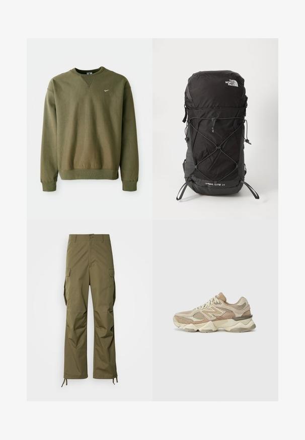 Oliivinvihreä Nike-huppari, jossa on pyöreä kaula-aukko ja resorihihansuut, esillä yksinkertaisen valkoisen taustan edessä.; Oliivinvihreät cargo-housut, jotka on valmistettu kestävästä kankaasta, suoranlahkeinen malli, sivutaskut ja säädettävät nilkkakiinnikkeet.; Valkoiset urheilukengät, joissa on verkkokangasta ja mokkaa, pyöreä kärki, paksu pohja ja huomattavat heijastavat yksityiskohdat sivuilla.; Musta nailonireppu, jossa on teksturoitu pinta. Repussa on säädettävät hihnat, ulkoinen bungee-köysi ja valkoinen logo. Koko: 24 litraa.