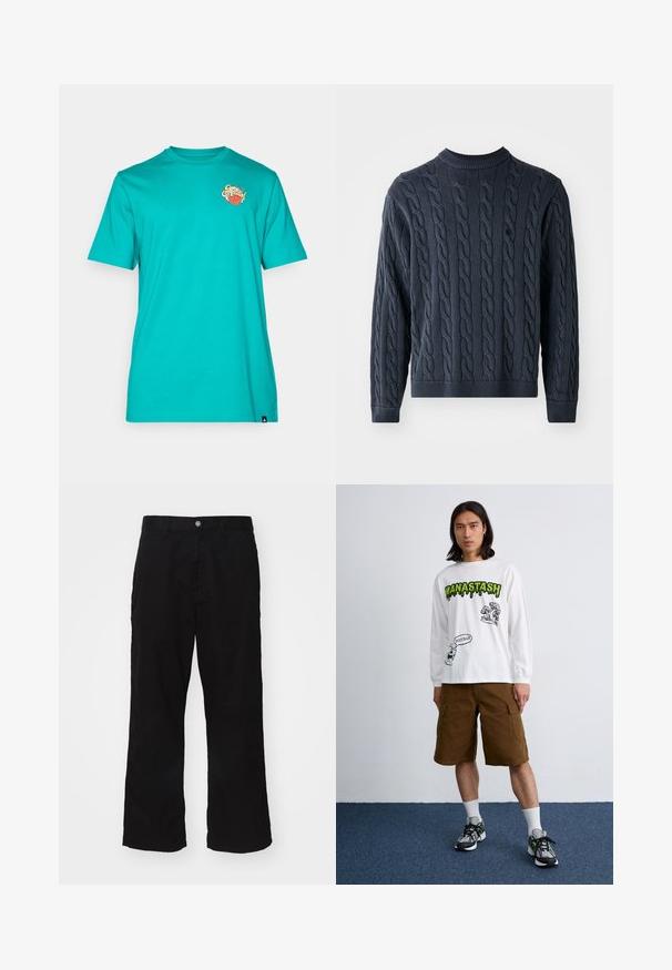 Suéter de punto azul marino con un patrón de trenzas, cuello redondo y puños y dobladillo de canalé. Hecho de tela texturizada para mayor calidez.; Camiseta de algodón turquesa con cuello redondo, que presenta un colorido logotipo gráfico en el lado izquierdo del pecho. Manga corta y dobladillo recto.; Pantalones de pierna ancha negros fabricados en una mezcla de algodón, con cierre de botón y corte recto con costuras mínimas visibles.; Camiseta blanca de manga larga con gráficos en negro y verde, combinada con pantalones cortos de carga marrones y zapatillas multicolores. Fondo liso.