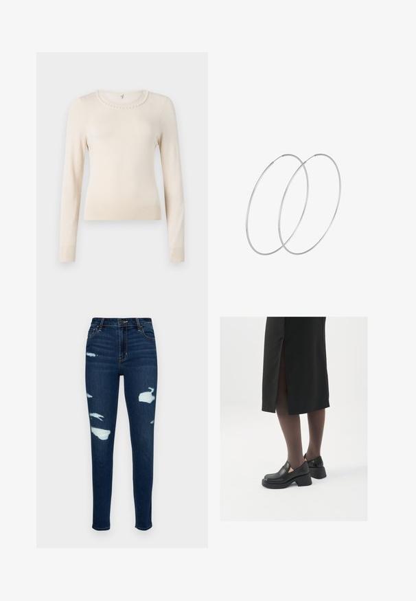 Kremast dugi pulover s dugim rukavima i okruglim izrezom, s bisernim detaljem oko ovratnika i rebrastim manžetama i rubom. Mekana tekstura.; Tamno plavi uski traperice, izrađene od denima, s izrabljenim krpicama i načetim detaljima. Klasičan dizajn s pet džepova i zatvaračem.; Crne kožne cipele s zaobljenim vrhom, debelim blok petama i elastičnim bočnim detaljima, uparene s tamnim čarapama i crnom suknjom s prorezom.; Srebrne okrugle naušnice s minimalističkim dizajnom. Kružni oblik, glatka tekstura i tanak profil. Lagane s poliranim završetkom.
