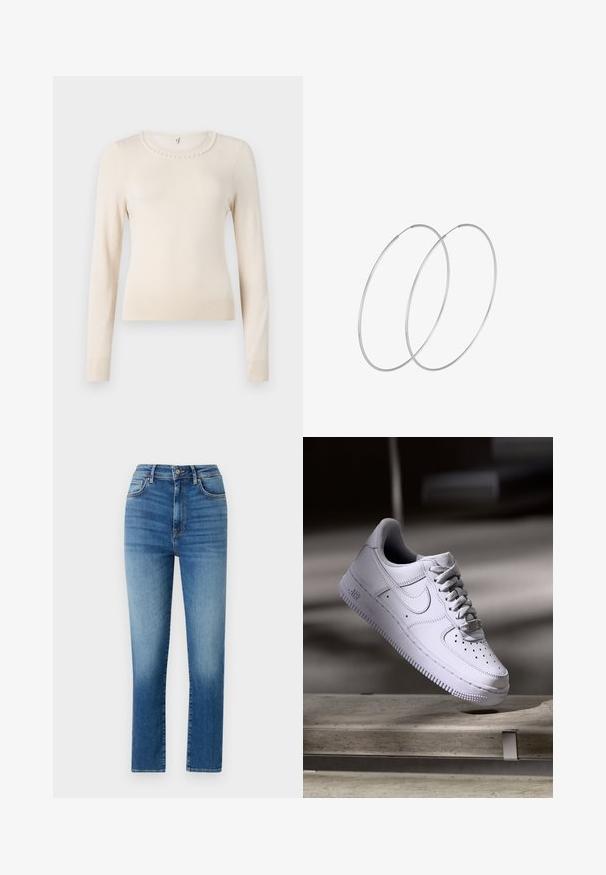 Kremkrāsas džemperis ar garām piedurknēm, apaļu kaklu, ar pērļu akcentu ap apkakli un ribotiem piedurknēm un apakšmalu. Mīksta tekstūra.; Augsta jostas zila džinsa bikses, kas izgatavotas no denima, ar taisnu kāju griezumu, piecām kabatām un vieglu nodilumu, lai piešķirtu tekstūru un detaļas.; Balts Nike Air Force 1 kurpes, kas levitē virs betona virsmas ar ēnām minimālistiskā vidē.; Sudraba gredzenveida auskari ar minimālistisku dizainu. Cirkulāra forma, gluda tekstūra un plāns profils. Vieglu svaru ar spīdīgu apdari.