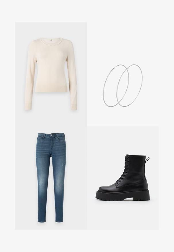 Suéter largo de manga larga en color crema con cuello redondo, que presenta un acento de perlas alrededor del cuello y puños y dobladillo acanalados. Textura suave.; Jeans de mezclilla azul con un ajuste slim, que presentan áreas desgastadas, cinco bolsillos y un cierre de botón. La tela tiene una textura suave y ligeramente rasgada.; Botas de cuero negras hasta el tobillo con punta redonda, cordones en la parte delantera y una suela de goma gruesa con un dibujo texturizado. Tirador en la parte trasera.; Pendientes de aro plateados con un diseño minimalista. Forma circular, textura suave y perfil delgado. Livianos con un acabado pulido.