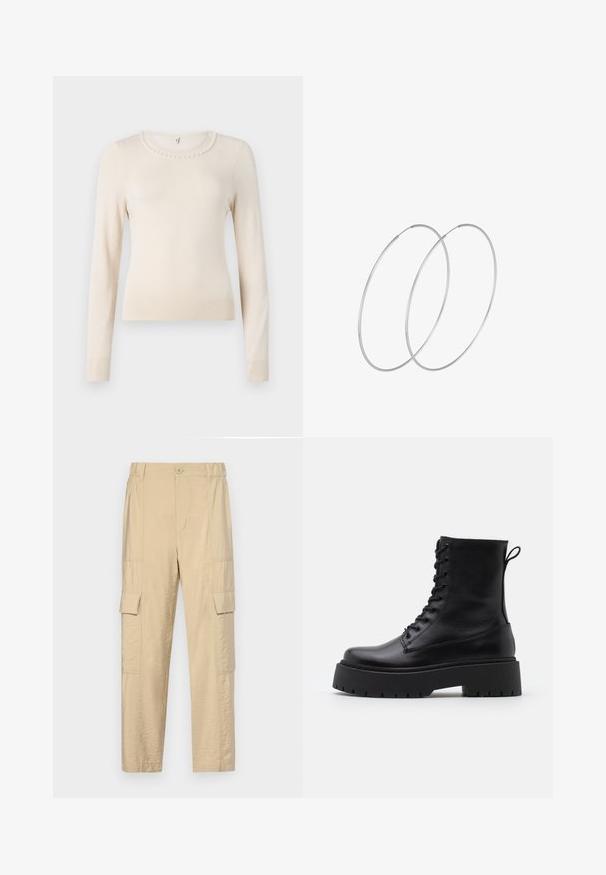 Kreemi pitkähihaine villapaita pyöreällä kauluksella, jossa on helmikoristelu kauluksessa sekä ribbireunat hihoissa ja helmassa. Pehmeä tekstuuri.; Beige cargo-housut kevyestä, ryppyisestä kankaasta, joissa on korkea vyötärö ja kaksi sivutaskua läpällä kummallakin jalalla.; Musta nahkainen nilkkureita, joissa on pyöreä kärki, nauhakiinnitys edessä ja paksu kumipohja, jossa on teksturoitu pinta. Takana vetotappi.; Hopehope hopeilla, joissa on minimalistinen muotoilu. Pyöreä muoto, sileä pinta ja ohut profiili. Kevyet ja kiillotetut.