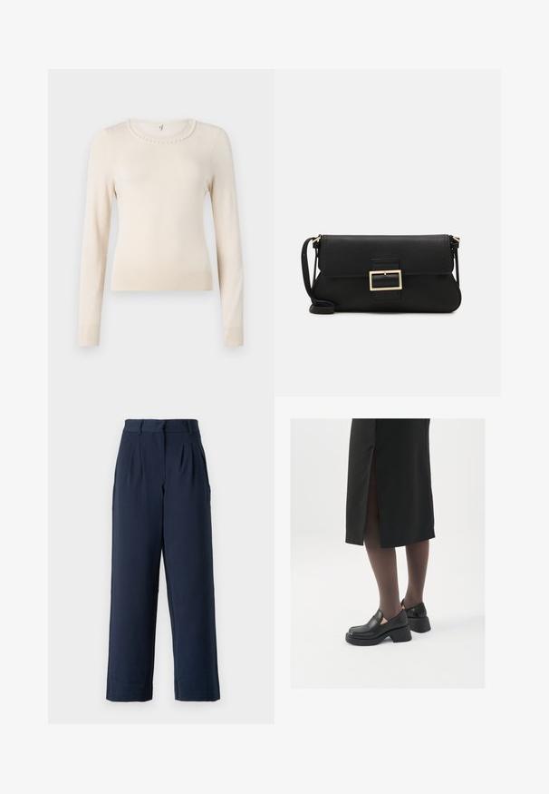 Kremkrāsas džemperis ar garām piedurknēm, apaļu kaklu, ar pērļu akcentu ap apkakli un ribotiem piedurknēm un apakšmalu. Mīksta tekstūra.; Jūras spēku zilas šauras kājas bikses ar gludu textūru, ar piegrieztām krokām priekšā, jostas cilpām un sānu kabatām.; Melni ādas apavi ar noapaļotu purngalu, biezām bloku papēžiem un elastīgiem sānu akcentiem, apvienoti ar tumšām zeķubiksēm un melnu svārku ar šķirbu.; Melnas ādas saķeres soma ar atloku un zelta metāla sprādzi. Ietver melnu siksnu un elegantu, minimālistisku dizainu.; Sudraba gredzenveida auskari ar minimālistisku dizainu. Cirkulāra forma, gluda tekstūra un plāns profils. Vieglu svaru ar spīdīgu apdari.