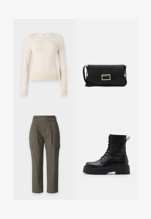 Kreminės spalvos megztinis su ilgomis rankovėmis ir apvaliu kaklu, papuoštas perlų akcentu aplink apykaklę, ir su raukinėtomis rankogaliais bei apačia. Minkšta tekstūra.; Olivos žali cargo kelnės, pagamintos iš lengvos medžiagos. Savybės: diržo juostos, priekiniai raukšlės ir šoninės kišenės su makštimi. ; Juodos odinės aulinukės su apvalia nosimi, raišteliais priekyje ir storesniu guminio pado apačioje su tekstūruotu raštu. Priekyje yra kilputė.; Juodas odinis dėkliukas su atvarteliu ir auksinės metalinės sagties detalėmis. Įeina juodas diržas ir elegantiškas, minimalistinis dizainas.; Sidabrinės pusmėnulio auskarai minimalistiniu dizainu. Apskritimo forma, lygus paviršius ir plonas profilis. Lengvi su poliruotu apdailu.