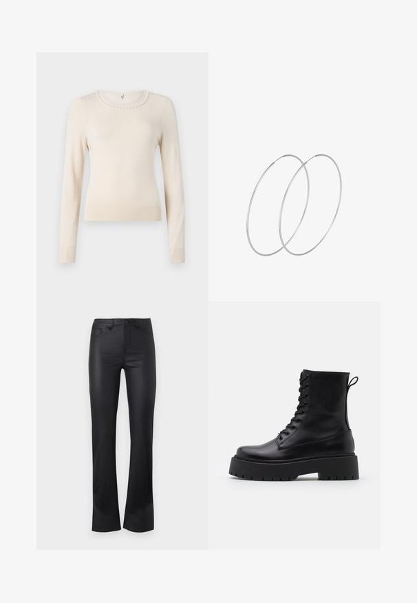 Kremkrāsas džemperis ar garām piedurknēm, apaļu kaklu, ar pērļu akcentu ap apkakli un ribotiem piedurknēm un apakšmalu. Mīksta tekstūra.; Melni izplūdušie džinsi, kas izgatavoti no gluda auduma, ar priekšējo pogu aizdari, piecām kabatām un smalkiem diegu šuvēm.; Melni ādas potītēm zābaki ar apļveida purngalu, auklām priekšpusē un biezu gumijas zoli ar teksturētu protektoru. Velkšanas cilpa aizmugurē.; Sudraba gredzenveida auskari ar minimālistisku dizainu. Cirkulāra forma, gluda tekstūra un plāns profils. Vieglu svaru ar spīdīgu apdari.