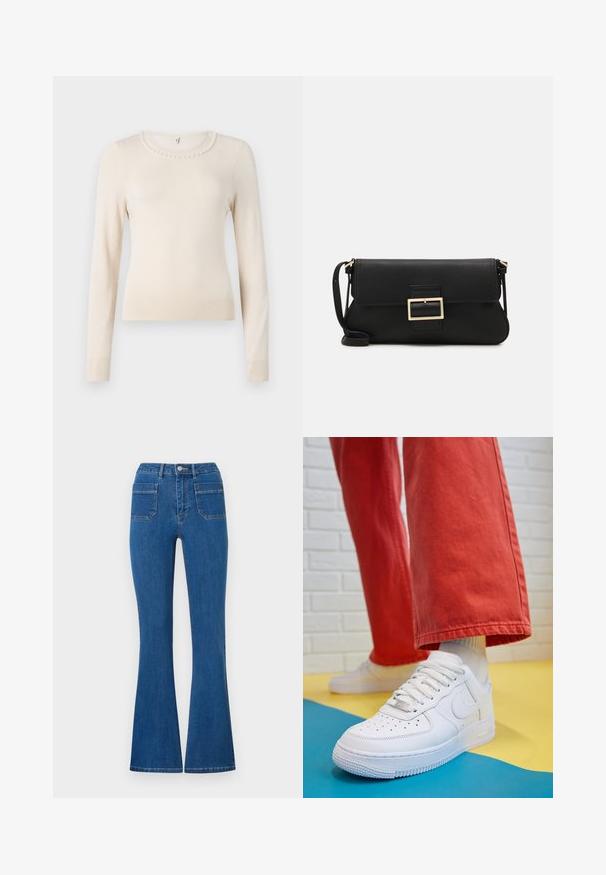 Kreminės spalvos megztinis su ilgomis rankovėmis ir apvaliu kaklu, papuoštas perlų akcentu aplink apykaklę, ir su raukinėtomis rankogaliais bei apačia. Minkšta tekstūra.; Mėlynos plačios džinsinės kelnės su aukštu liemeniu, pagamintos iš džinsinio audinio. Yra dvi užpakalinės kišenės ir metalinė sagtis priekyje. Švarus, minimalistinis dizainas.; Baltos odinės kedų sportbačiai su perforuotu pirštu, tekstūruota pado dalimi ir baltais raišteliais, derinami su plačiomis raudonomis kelnėmis ir mėlynos bei geltonos spalvų fono kompozicija.; Juodas odinis dėkliukas su atvarteliu ir auksinės metalinės sagties detalėmis. Įeina juodas diržas ir elegantiškas, minimalistinis dizainas.; Sidabrinės pusmėnulio auskarai minimalistiniu dizainu. Apskritimo forma, lygus paviršius ir plonas profilis. Lengvi su poliruotu apdailu.