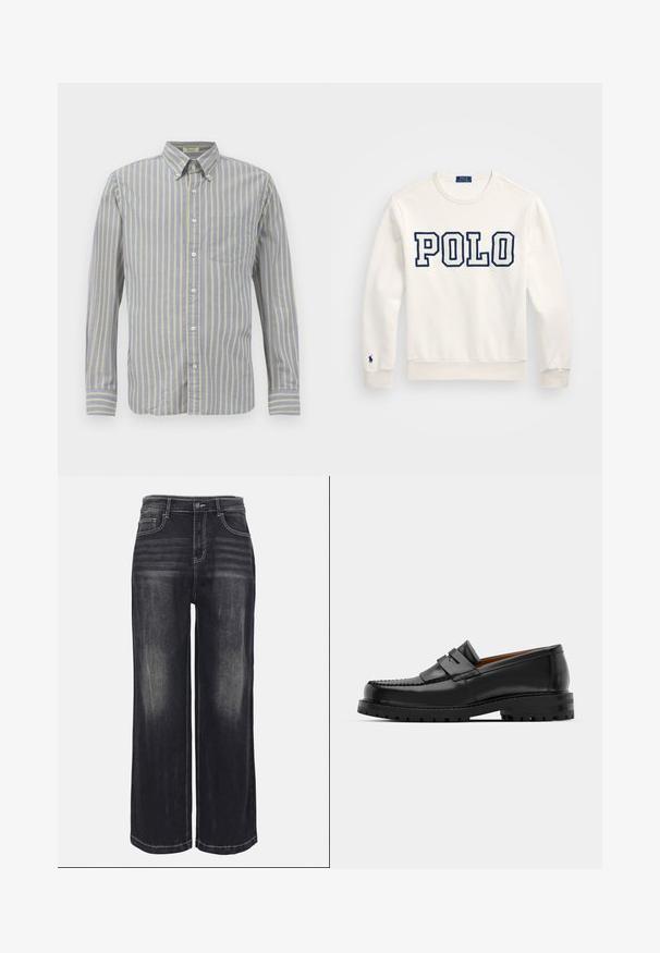 Fehér pulóver, amelyen a "POLO" felirat sötétkék blokkbetűkkel látható, kerek nyakkivágással, hosszú ujjakkal, bordás mandzsettákkal és alsó résszel, valamint egy kis logóval a bal ujján.; Kék szövetből készült, vékony sárga csíkos ing, gallérral, hosszú ujjakra és mellzsebbel. Fehér gombokkal van befejezve.; Széles szárú farmernadrág elhalványult fekete denim anyagból, látható varrásokkal, öt zsebbel és gombos derékkal.; Fekete bőr loaferek kiemelkedő varrással, két díszcsíkkal a felső részen és vastag, struktúrált talppal rendelkeznek a jobb tapadás érdekében.