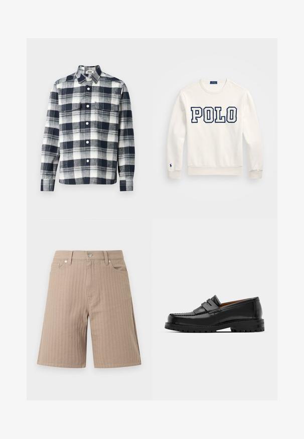 Biała bluza z kapturem z napisem "POLO" w granatowych, blokowych literach, okrągły dekolt, długie rękawy, ściągacze przy mankietach i u dołu, z małym logo na lewym rękawie.; Koszula w kratę wykonana z materiału w kolorze granatowym i białym. Posiada kołnierzyk zapinany na guziki, kieszeń z przodu oraz długie rękawy.; Beżowe szorty wykonane z fakturowanej tkaniny z pionowymi paskami, talią zapinaną na przedni guzik oraz bocznymi kieszeniami.; Czarne skórzane mokasyny mają wyraźny szew, dwa dekoracyjne paski na górze oraz grubą, teksturowaną podeszwę dla lepszej przyczepności.