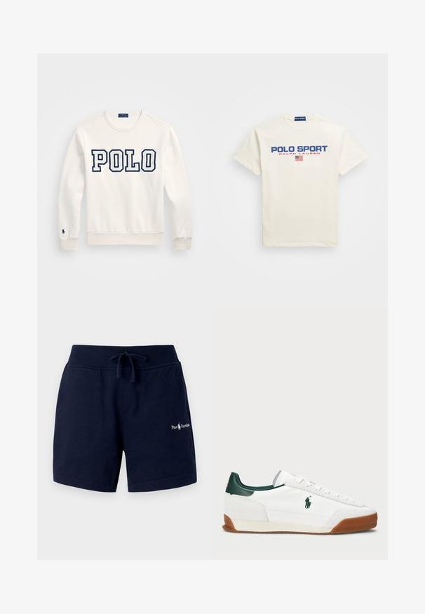 Hvit hettegenser med "POLO" i marineblå blokkbokstaver, rund halslinning, lange ermer, ribbestrikkede mansjetter og kant, med en liten logo på venstre erme.; Hvit bomulls T-skjorte med "POLO SPORT" i blå og rød trykk, med et lite amerikansk flagg ikon under teksten. Korte ermer, rund hals.; Mørkeblå bomullsshorts med elastisk midjebånd, snøring, sidelommer og brodert logo på venstre bein. Glatt tekstur.; Hvite sneakers med grønne lærdetaljer og en tan gummisåle. Har en stoffoverdel og en fremtredende logo på siden. Snøring.