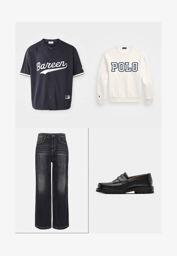 Balts džemperis ar "POLO" tumši zilos blokos rakstītām burtiem, apaļa kakla izgriezums, garas piedurknes, ribotas aproces un apakša, ar mazu logo kreisajā piedurknē.; Melnā sieta īsām piedurknēm T-krekls ar pogu aizdari, ar uzrakstu "Bareen" baltā krāsā, baltām akcenta svītrām uz piedurknēm, izmēra birka redzama.; Platās kājas džinsi izbalinātā melnā džinsā, ar redzamām šuvēm, piecām kabatām un pogu aizdari jostasvietā.; Melni ādas loafers cepumi izceļas ar paceltu šuvu, divām dekoratīvām siksnām augšpusē un biezu teksturētu zoli labākai saķerei.
