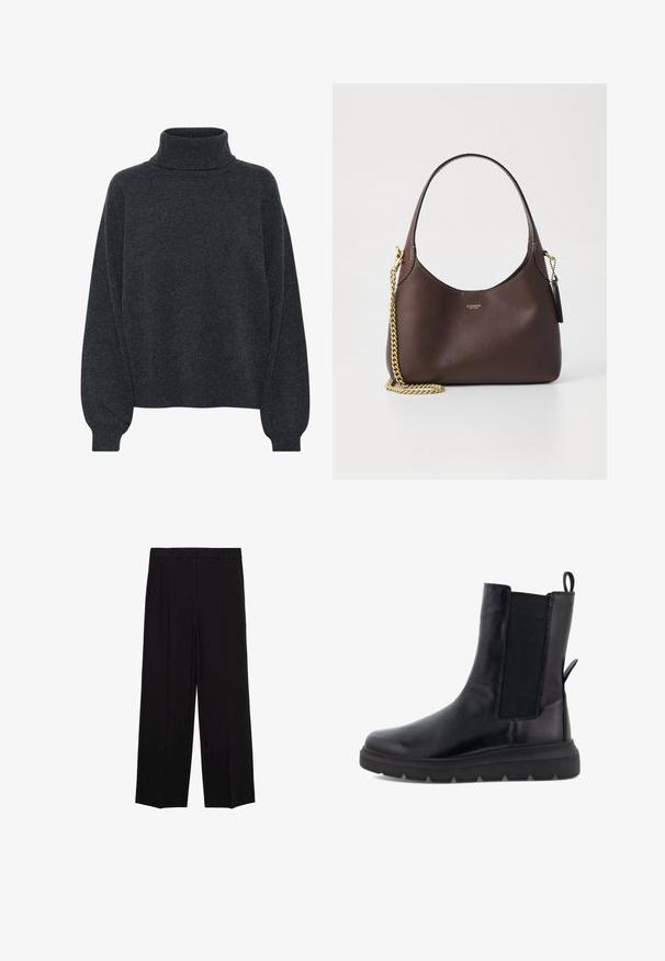 Gestuz MANZI ciemnoszary; Czarne spodnie o szerokich nogawkach z gładkiego materiału, z plisami z przodu i bocznymi kieszeniami, zaprojektowane w prostym, luźnym kroju.; Czarny botek za kostkę wykonany z gładkiej skóry, z elastycznymi bocznymi panelami, pętelką z tyłu i grubą gumową podeszwą.; COACH BROOKLYN ciemnobrązowy