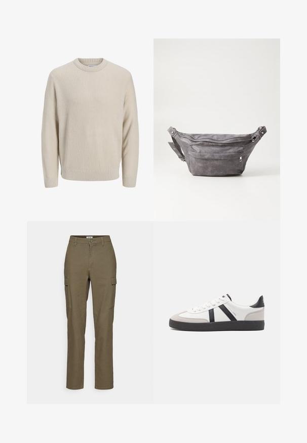 Light beige knitted sweater with a textured pattern, round neckline, ribbed cuffs and hem, and a relaxed fit.; Olive green cargo pants with straight legs, featuring two side pockets, a button closure, and a textured fabric.; White sneaker with black and gray accents, featuring a textured gray toe cap, black rubber sole, and flat white laces. Clean design, minimalist style.; Gray suede fanny pack with a rounded shape, two zippered compartments, and adjustable strap. Features metal hardware accents.