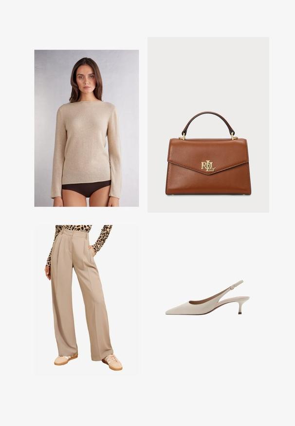 Beige, langærmet trøje med bådhals, lavet af blødt materiale, med en subtil tekstur og kontrastsyning langs kanten.; Beige bredde ben bukser, plisseret front, høj talje, sidelommer, parret med lyse sneakers. Stoffet ser glat og struktureret ud.; Beige slingback-hæle med spids tå og en lav, flared hæl. Fremstillet af glat læder med et minimalistisk design og justerbar rem.; Brun læderhåndtaske med en struktureret design, et topgreb, guldfarvet hardware og et logoaccent på forsiden. Glat tekstur.