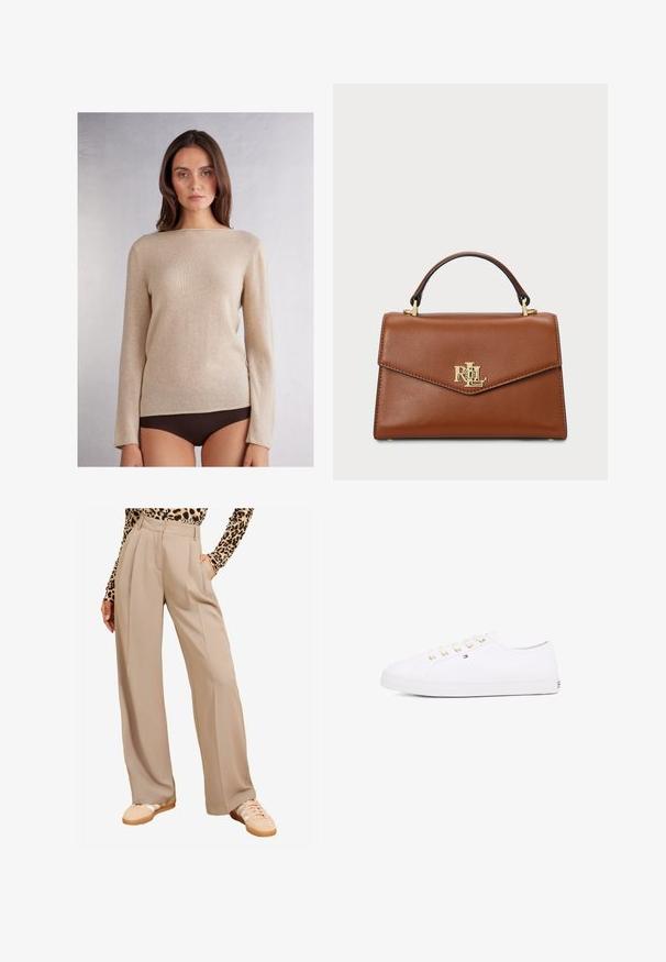 Beige, long-sleeve sweater with a boat neckline, made of soft material, featuring a subtle texture and contrast stitching along the hem.; Beige wide-leg trousers, pleated front, high waist, side pockets, paired with light-colored sneakers. Fabric appears smooth and structured.; White canvas sneaker with gold eyelets, flat laces, textured rubber sole, and minimal branding on the side. Low-profile design.; Brown leather handbag with a structured design, a top handle, gold hardware, and a logo accent on the front. Smooth texture.