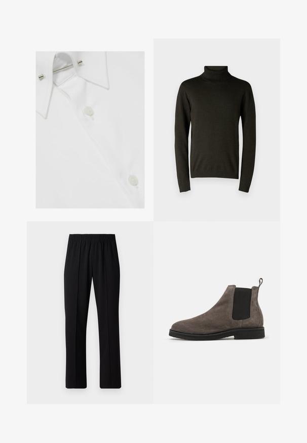 Tamsiai žalia megztinis su aukštu kaklu, pagamintas iš minkštos mezgimo medžiagos, su ilgomis rankovėmis ir raukšlėmis ant manžetų bei apačios. Lygi tekstūra su minimaliais apdailos elementais.; Balta medvilninė marškinių su klasikiniai apykakle, mygtukų uždarymu ir metaline apykaklės laikikliu, demonstruojanti lygaus, tekstūruoto paviršiaus apdailą.; Juodos, elastingos juosmens kelnės su tiesiomis kojomis, turinčios lygų paviršių ir be matomų raštų ar detalių.; Pilkas zomšinis Chelsea botas su elastinėmis šoninėmis panelėmis, suapvalinta nosimi ir kilpos atributu. Plokščias juodas gumos padas. Paprastas ir elegantiškas dizainas.