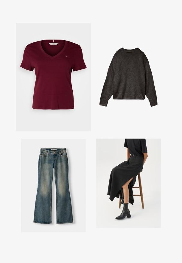 Sötét szürke pulóver, puha anyagból készült, kerek nyakkivágással, ejtett vállakkal, valamint bordázott aljjal és mandzsettákkal. Egyszerű dizájn, minta nélkül.; Tommy Hilfiger Curve SLIM CODY - Basic póló - deep rouge; Kék, bővülő fazonú farmernadrág, elhasználódott mosással, öt zsebbel és gombos záródással. Az anyag denim textúrája finom varrási részletekkel rendelkezik.; Fekete len maxi szoknya magas hasítékkal, fekete pólóval és fekete bokacsizmával viselve. Minimalista dizájn, laza illeszkedéssel.