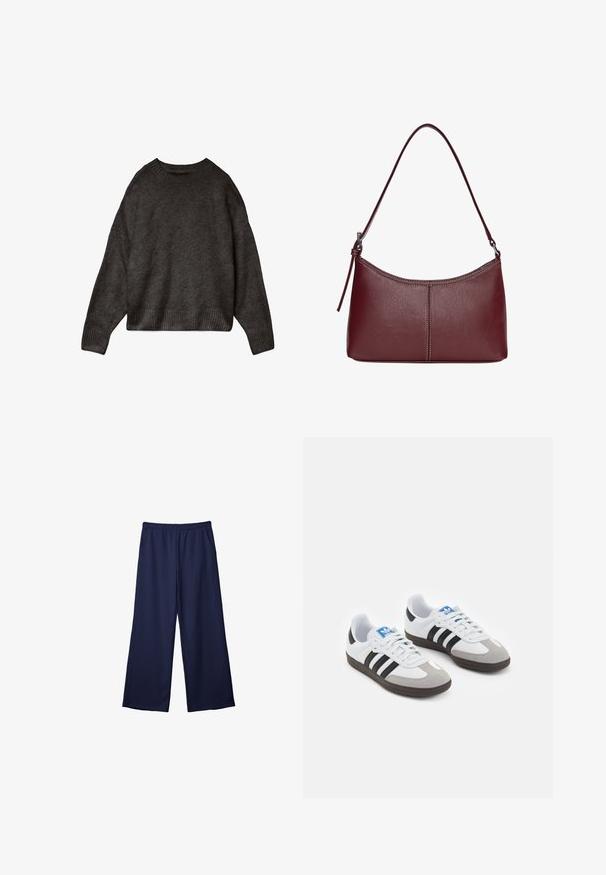 Temno siva jopica, izdelana iz mehkega materiala, z okroglim ovratnikom, spušenimi rameni ter rebrastim robom in manšetami. Enostaven dizajn, brez vzorcev.; Morske široke hlače izdelane iz mehkega, gladkega materiala. Imajo elastičen pas in dva stranska žepa.; Športni čevlji z belim usnjenim zgornjim delom, sivim semišem na prstih in tremi črnimi črtami. Imajo modro logo na jeziku in teksturiran gumijast podplat.; Bordo usnjeni ročni torbici s ukrivljeno obliko, enim ramenskim trakom in šivanjem na sredini. Gladka tekstura, minimum kovinskih dodatkov.