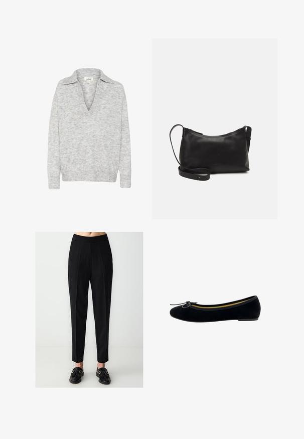 Hellgrauer V-Ausschnitt-Pullover mit Kragen. Weiches, strukturiertes Material. Lange Ärmel, gerippter Saum. Dezentes Muster über das gesamte Material.; Schwarzes Rollkragen-Shirt aus dehnbarem Stoff. Verfügt über lange Ärmel, ein figurbetontes Design und eine glatte Textur ohne Muster oder Verzierungen.; Schwarze maßgeschneiderte Hose mit einem schmalen Bund, gefaltetem Vorderteil und schmal zulaufendem Bein. Glattes Material mit matter Oberfläche, kombiniert mit schwarzen Slippern.; Schwarze Samt-Ballerinas mit runder Zehenpartie, einer kleinen Schleifenapplikation auf der Vorderseite und einem kontrastierenden gelben Innenfutter.; Schwarze Ledertasche für die Schulter mit glatter Textur, geschwungener Form, verstellbarem Tragegurt und Reißverschluss. Minimalistisches Design ohne Verzierungen.