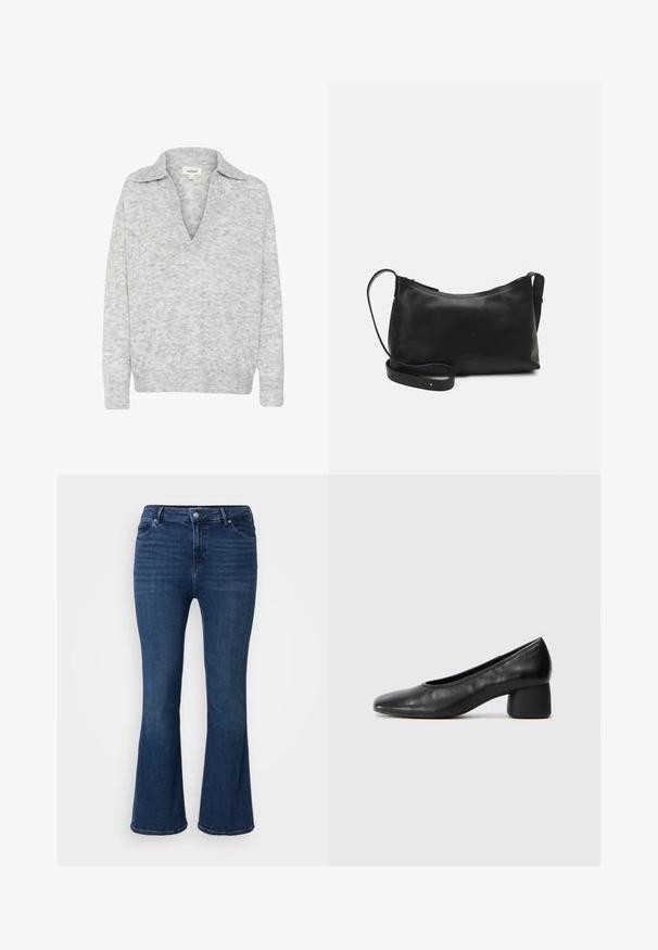 Vaaleanharmaa v-kaulaaukkoinen neulepaita, jossa on kaulus. Pehmeä, teksturoitu kangas. Pitkät hihat, ribbaus helmoissa. Hienovarainen kuvio koko materiaalissa.; Musta poolikauluspaita, joka on valmistettu joustavasta kankaasta. Siinä on pitkät hihat, kireä muotoilu ja sileä pinta ilman kuvioita tai koristeita.; Tummansiniset leveälahkeiset farkut, jotka ovat valmistettu denimistä, viidellä taskulla ja vetoketjukiinnityksellä. Kankaassa on hieman tekstuuria ja klassinen viimeistely.; Mustat nahka avokkaat, joissa on pyöristetty kärki ja keskipitkä lohko korko. Sileä pinta, jossa on minimaalinen yksityiskohtaisuus, ja siinä on hillitty elastinen aukko.; Musta nahkainen olkalaukku, jossa on sileä pinta, kaareva muoto, säädettävä hihna ja vetoketjukiinnitys. Minimalistinen muotoilu ilman koristeita.