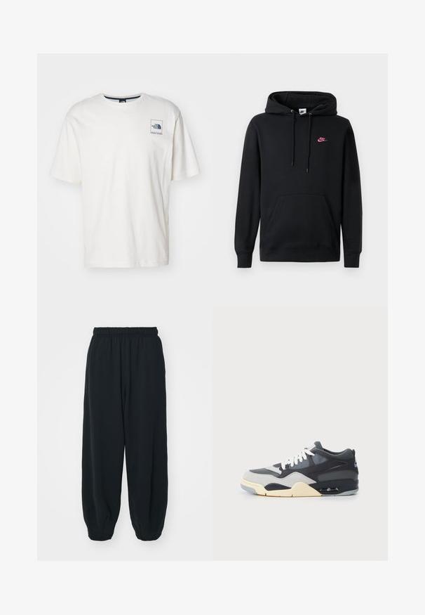 Hoodie Nike nero con tasca frontale, cappuccio con coulisse e un piccolo logo rosa sul petto. Realizzato in morbido tessuto textured con polsini a coste.; The North Face COORDINATES TEE - T-shirt con stampa - white dune; Pantaloni da jogging neri con vita elasticizzata, dalla vestibilità morbida, caviglie a costina, texture liscia e senza motivi visibili o dettagli in metallo.; Sneaker con tomaia in materiali misti grigia e blu navy, suola ammortizzata, lacci bianchi e un logo blu accentato sul tallone.