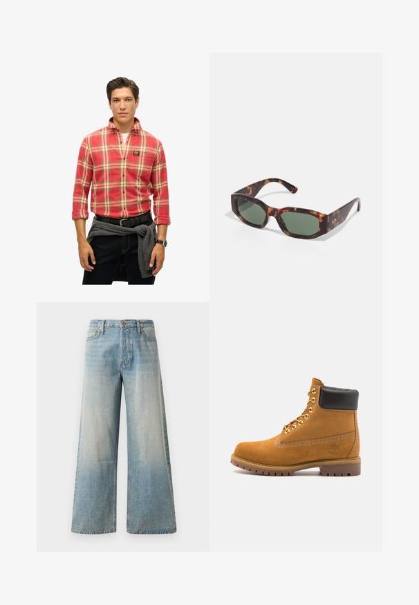 Grøn kabelstrikket pullover med høj krave og en kvart lynlås. Funktionen inkluderer ribbede manchetter og kant, samt et lille logo på ærmet.; Rødternet skjorte med gule, grønne og blå accenter. Lange ærmer, button-up krave, med en logo-patch. Mørkeblå jeans og grå sweater bundet om livet.; Lysblå brede jeans lavet af denim. Har høj talje, knaplukning og subtil falmning med en glat tekstur og syede sømme.; Tan nubuck ankelstøvle med sort polstret krave, gyldne metaløjer, hvid syning detaljer og robust gummisål med udtalte slidbaner.; Skildpaddemønstrede solbriller med rektangulære grønne linser, bredt stel og tykke stænger. Har et strømlinet design og en glat plastisk tekstur.