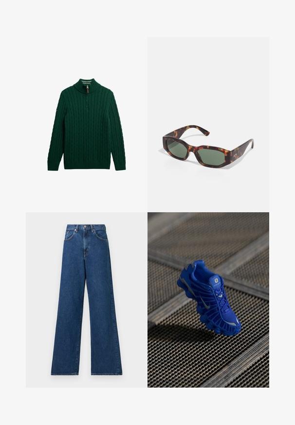 Jersey verde de punto trenzado con cuello alto y cierre de cremallera de un cuarto. Presenta puños y dobladillo acanalados, y un pequeño logotipo en la manga.; Jeans de mezclilla azul de pierna ancha con una cintura alta, que cuentan con pasadores para cinturón y bolsillos frontales. La tela tiene una textura suave y una costura mínima.; Zapatilla deportiva azul con parte superior de malla, diseño texturizado y suela prominente que presenta elementos de amortiguación distintos y acentos reflectantes.; Gafas de sol de carey con lentes rectangulares verdes, montura ancha y patillas gruesas. Presentan un diseño elegante y una textura de plástico suave.