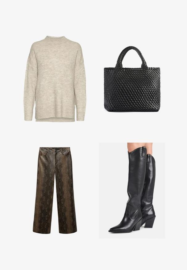 Helle beige Strickjacke mit einem hohen Kragen, fallenden Schultern, gerippten Bündchen und Saum. Der Stoff hat eine weiche, strukturierte Oberfläche.; Weite Hose mit einem glänzenden, strukturierten Schlangenprint in Braun- und Schwarztönen, ausgestattet mit klassischem Fünf-Taschen-Design und einem Knopfverschluss.; Schwarze, knielange Lederstiefel mit spitzem Zeh, gebogenem Schaft und blockiertem Absatz. Sie verfügen über eine glatte Textur und Zuglaschen an der Oberseite.; Schwarze geflochtene Tragetasche mit zwei Griffen, ausgestattet mit einer strukturierten Oberfläche und rechteckiger Form. Einfaches, einzigartiges Design ohne sichtbare Hardware.