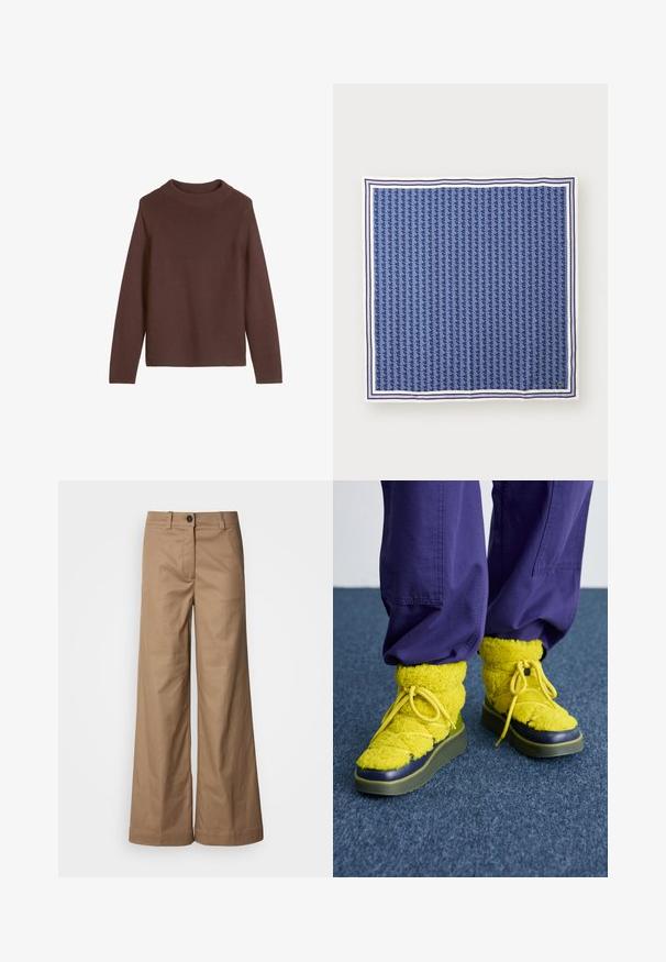 Barna pulóver hosszú ujjakkal és magas nyakkivágással. Textúrált kötött anyag, egyenes szabású, nincs rajta minta vagy fém szerelvény.; Széles lábú nadrág sima, bézs szövetből. Elől gombos záródás, övékhez hurkok és oldalsó zsebek találhatók. Tiszta vonalak, látható minták nélkül.; Sárga bolyhos csizmák kerek orral, texturált anyagból és zöld gumitalppal. Sárga fűzőkkel és sötétkék díszítéssel rendelkezik az orrán.; Tengerészkék selyem négyzetalakú sál geometrikus mintával, fehér és sötétkék csíkkal szegélyezve. Logó az alsó jobb sarokban.
