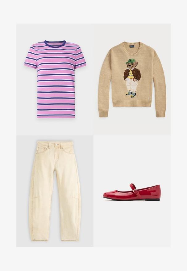 Suéter de malha bege com uma personagem de urso bordada, usando um chapéu verde, uma camisa amarela, um casaco castanho e calças claras com ténis.; T-shirt de manga curta com riscas horizontais em tons de rosa, branco e azul-marinho. Apresenta um decote redondo e um tecido suave e macio.; Jeans de ganga bege com um corte relaxado, apresentando uma cintura alta, cinco bolsos e um desbotado subtil. Detalhes de bainha crua nos tornozelos.; Sapatilhas Mary Jane de couro vernizado vermelho com bico quadrado, tira com fivela e salto preto baixo. Textura suave e acabamento brilhante.