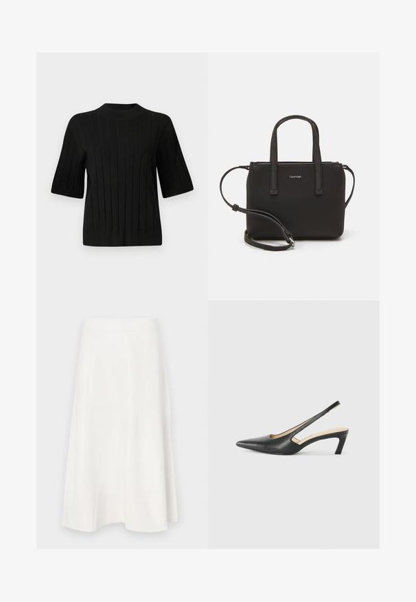 Melnas īsajām piedurknēm adīta džemperis ar ribota tekstūra un augstu apkakli, ar vertikālām līnijām un pieguļošu siluetu.; Balta A formas svārki, kas izgatavoti no gludas auduma, ar augstu jostasvietu un smalkām šuvju detaļām, kas virzās uz flared apakšu.; Melna, ar smailu purngalu, slingback kurpe ar zemu papēdi, izgatavota no gludas ādas materiāla un ar izgriezumiem sānos gaisa caurlaidībai.; Melns roku soma ar divām īsām rokturiem un noņemamu plecu siksnu. Gluda ādas līdzīga materiāla ar rāvējslēdzēja aizdari un logos detaļu.