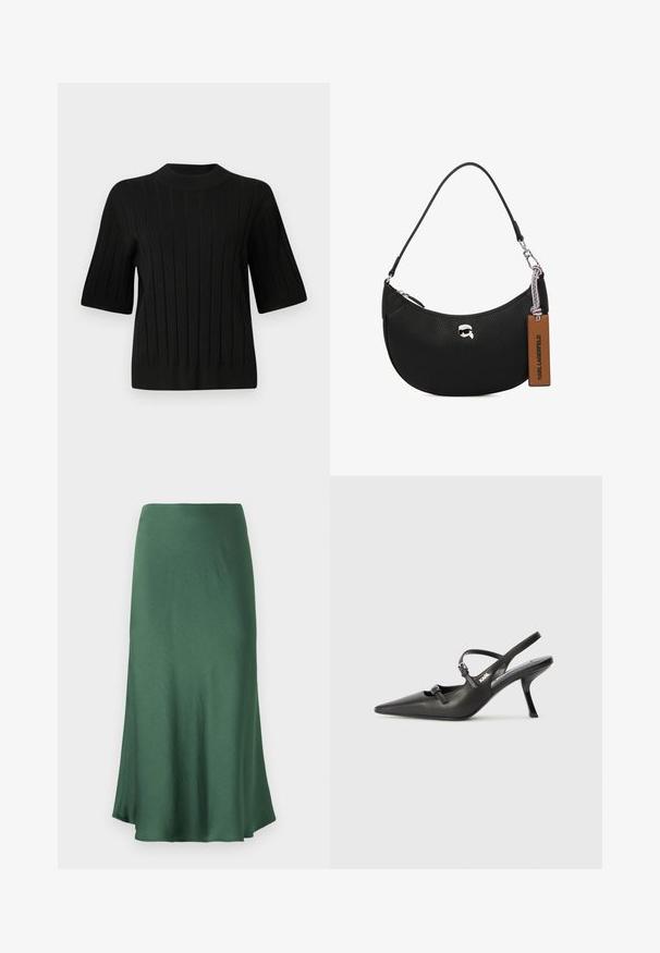 Schwarzer kurzärmeliger Pullover mit gerippter Textur und hohem Ausschnitt, der vertikale Linien und eine taillierte Silhouette aufweist.; Dunkelgrüner, knielanger Rock aus einem glatten, leichten Stoff. Verfügt über ein einfaches A-Linien-Design mit leichtem Ausgestellt am Saum.; Schwarzlederne Slingback-Absätze mit spitzer Zehenform, schlankem Absatz und dekorativem Schnallendetail auf dem Blatt. Glatte Textur und elegantes Design.; Schwarze Lederhandtasche mit einer genarbten Textur, geschwungener Form, Reißverschluss oben, silberner Hardware und einem braunen Etikett. Verfügt über ein Logo-Detail.