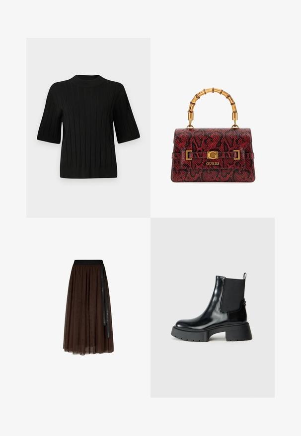 Maglione nero a maniche corte con texture a coste e collo alto, caratterizzato da linee verticali e una silhouette aderente.; Gonna midi in tulle marrone con cintura elastica nera e lungo nastro nero che pende da un lato.; Stivaletti neri in pelle lucida con pannelli laterali elasticizzati, una linguetta per indossarli e una suola in gomma spessa con un motivo di battistrada testurizzato.; Guess SIBEL - Borsa a mano - rot