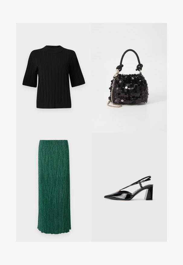 Sort kortærmet sweater med ribbet tekstur og høj halsudskæring, prydet med lodrette linjer og en tætsiddende silhuet.; Lang grøn nederdel med en struktureret overflade, der har lodrette folder og en subtil glans. Den har en lige silhuet og en scalloperet kant.; Sorte laklæder slingback højhælede sko med spids tå, justerbar rem og chunky rektangulær hæl.; Sort pailette mini håndtaske med en knyttet struktureret rem og sølv kæde. Rund form med samlet top og reflekterende detaljer.