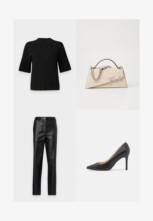Juodas trumpomis rankovėmis megztinis su nubyrėjusia tekstūra ir aukštu apykakle, turintis vertikalias linijas ir prigludusią siluetą.; Juodos dirbtinės odos kelnės su krokodilo raštu, siauras kirpimas, tiesaus kirpimo dizainas, su priekiniais sagos uždarymu ir standartine juosmens juosta.; Juodos odinės smailianosios aukštakulnės bateliai su stiletu, pasižymintys lygiu paviršiumi ir minimalistišku dizainu. Vidus išklotas šviesiai rudos spalvos.; Bežinė odinė rankinė su struktūrine trikampio forma, turinti sidabrinę grandinėlę ir metalinį bajorišką logotipą.