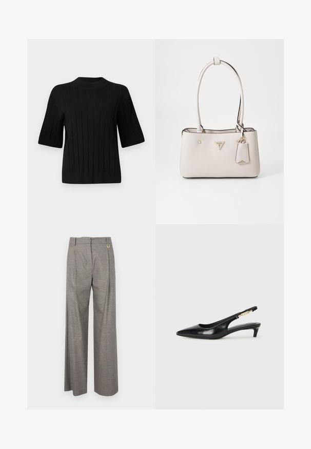 Maglione nero a maniche corte con texture a coste e collo alto, caratterizzato da linee verticali e una silhouette aderente.; Pantaloni a gamba larga grigio a quadri con vita alta, pieghe frontali e una finitura in metallo dorato sulla cintura. Tessuto testurizzato.; Tacchi slingback in pelle nera con punta affusolata, caratterizzati da un tacco alto e un accento dorato sulla cinghia regolabile. Texture liscia.; Borsa a tracolla in finta pelle beige con texture liscia, doppi manici, hardware dorato, targhetta con logo e un'etichetta attaccata.