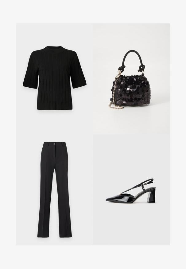 Juodas trumpomis rankovėmis megztinis su nubyrėjusia tekstūra ir aukštu apykakle, turintis vertikalias linijas ir prigludusią siluetą.; Juodos, pritaikytos kelnės su tiesia kojų forma. Savybės: sagčių užsegimas, diržo kilpos ir lygus, matinis paviršius.; Juodos lakinės odos aukštakulnės basutės su smailiu pirštu, reguliuojama juosta ir storu stačiakampiu kulnu.; Juodas blizgučių mini rankinukas su mazguotu tekstūruotu dirželiu ir sidabro grandine. Suapvalinta forma su susiraukšlėtopu ir atspindinčiomis detalėmis.