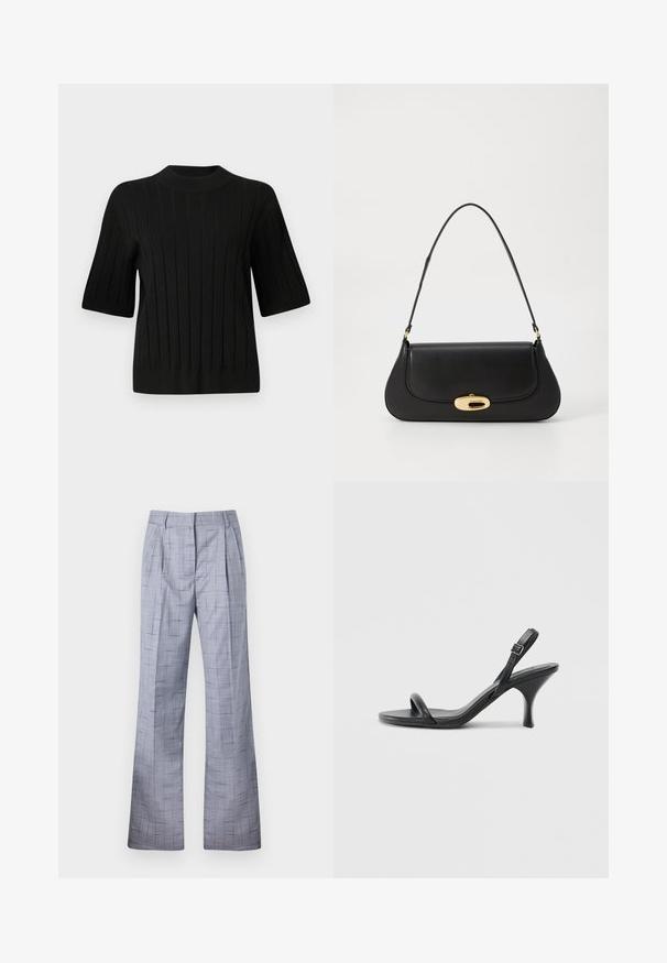 Juodas trumpomis rankovėmis megztinis su nubyrėjusia tekstūra ir aukštu apykakle, turintis vertikalias linijas ir prigludusią siluetą.; Pilkos langeliu rašto kelnės su plačiomis kojomis, kurios turi klostes ir subtilų tekstūrą. Pagamintos iš lengvos medžiagos, turi pritaikytą siluetą.; Juodos odinės aukštakulnės šlepetės su plonu, kreiviu kulnu ir kryžminiu dirželio dizainu. Reguliuojamas kulkšnies dirželis. Lygus paviršius.; Juodas odinis rankinės su išlenktu dizainu, auksinių atspalvių furnitūra ir viršutine rankena. Savybės - stilingas uždarymas ir glotni tekstūra.