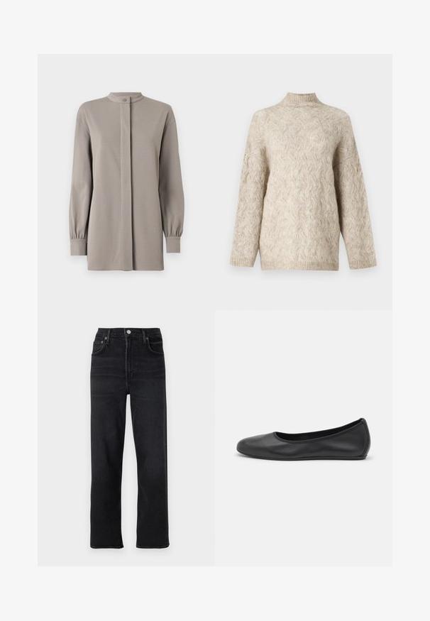 Beige knitted sweater with a high neck, featuring a textured cable pattern and loose-fitting sleeves. Made from soft, fluffy yarn.; Light gray long-sleeve top with a high collar, front button closure, and gathered sleeves, made from a smooth, slightly stretchy material.; Black straight-leg jeans made of denim. Features five pockets, a button and zipper closure, and subtle stitching details.; Black leather ballet flat with a rounded toe, smooth texture, minimal stitching detail, and a flexible sole design.