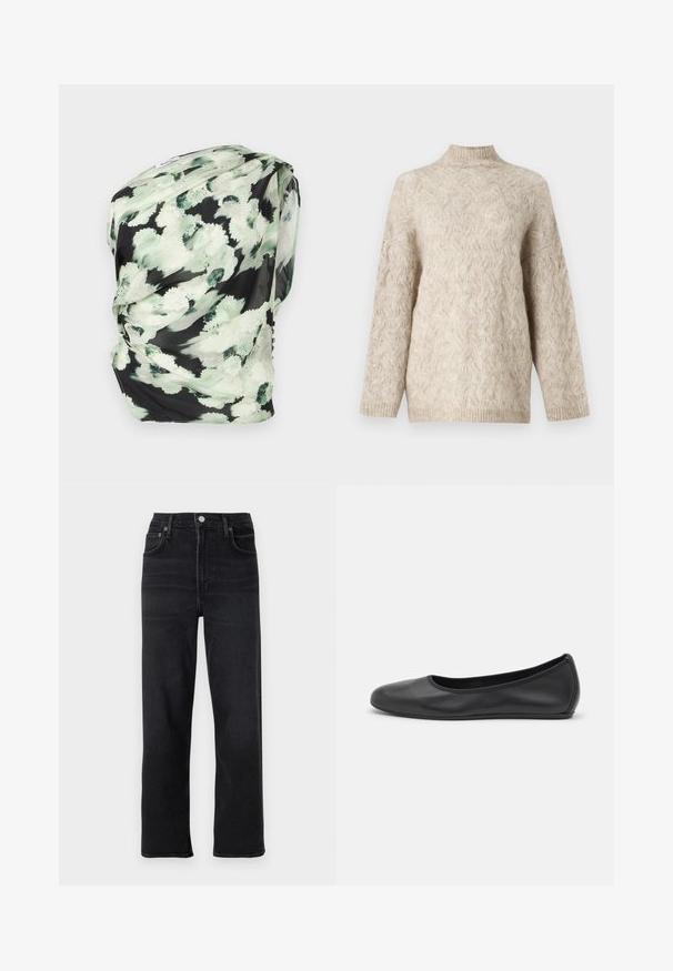 Beige neulepaita korkealla kauluksella, jossa on tekstuurillinen palmikkokuvio ja löysät hihat. Valmistettu pehmeästä, pörröisestä langasta.; Kukallinen huivi kevyestä kankaasta, jossa on musta tausta ja vihreitä sekä valkoisia abstrakteja kuvioita, koristeltuna pehmeällä tekstuurilla.; Mustat suorat farkut, jotka on valmistettu denimitPrepare. Ominaisuuksiin kuuluvat viisi taskua, napilla ja vetoketjulla varustettu sulku sekä hienovaraiset ompeluyksityiskohdat.; Musta nahkainen ballerina, jossa on pyöristetty kärki, sileä pinta, minimaalinen ommelkoristelu ja joustava pohjamuotoilu.