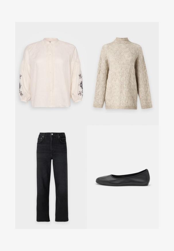 Beige knitted sweater with a high neck, featuring a textured cable pattern and loose-fitting sleeves. Made from soft, fluffy yarn.; Ivory linen shirt with a mandarin collar, long puff sleeves featuring black floral embroidery on cuffs, and front button closure.; Black straight-leg jeans made of denim. Features five pockets, a button and zipper closure, and subtle stitching details.; Black leather ballet flat with a rounded toe, smooth texture, minimal stitching detail, and a flexible sole design.