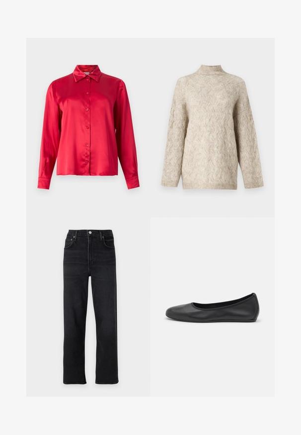 Maglione beige lavorato a maglia con collo alto, caratterizzato da un motivo a cavo testurizzato e maniche ampie. Realizzato in filato morbido e peloso.; Camicia rossa in satin con maniche lunghe, colletto a punta e chiusura frontale con bottoni. Texture liscia e vestibilità su misura.; Jeans neri a gamba dritta in denim. Presentano cinque tasche, una chiusura con bottone e zip e dettagli di cucitura sottili.; Pantofole da balletto nere in pelle con punta arrotondata, texture liscia, dettagli di cucitura minimi e design con suola flessibile.