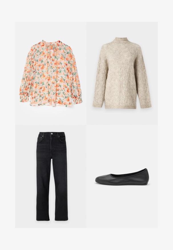 Pull en tricot beige avec un col montant, présentant un motif de câble texturé et des manches amples. Fabriqué à partir d'un fil doux et duveteux.; Blouse florale avec un fond pêche clair, ornée de fleurs orange et de feuilles vertes. Manches longues bouffantes, poignets froncés et décolleté à nouer.; Jeans droits noirs en denim. Comprend cinq poches, une fermeture à bouton et zip, et des détails de couture subtils.; Ballerines en cuir noir avec un bout rond, texture lisse, détails de couture minimalistes et design de semelle flexible.