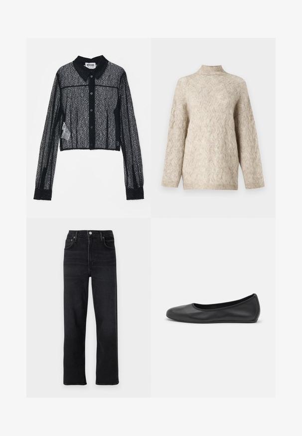 Maglione beige lavorato a maglia con collo alto, caratterizzato da un motivo a cavo testurizzato e maniche ampie. Realizzato in filato morbido e peloso.; Maglietta nera in pizzo tagliata, con maniche lunghe, chiusura a bottoni e colletto. Presenta una texture a motivo intricata e polsini solidi.; Jeans neri a gamba dritta in denim. Presentano cinque tasche, una chiusura con bottone e zip e dettagli di cucitura sottili.; Pantofole da balletto nere in pelle con punta arrotondata, texture liscia, dettagli di cucitura minimi e design con suola flessibile.